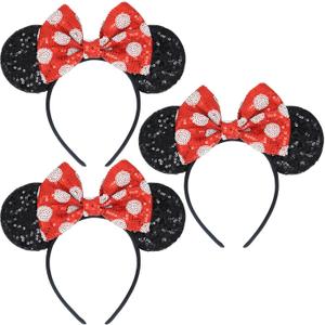 Mouse Ears Headband with Sequin Bows, Headbands for Man Halloween Costume, Headwear Hair Accessories for Women - 3 Pack, Red&Black