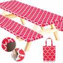 RNOONY 8ft Vinyl Picnic Table Cover with Bench Covers,3PCS Tablecloth with Moroccan Design, Camping Tablecloth and Travel Accessories, Flannel Backing with Elastic Edges,96x30 Inches (Red Moroccan)