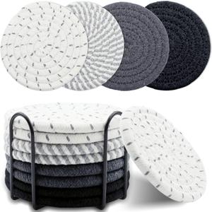 8 Pcs Drink Coasters with Holder, Minimalist Cotton Woven Coaster Set, 4 Colors Absorbent Coaster Protection Protection for Various Cups, Ideal for Coffee Tables and Home Decor Tabletop, 4.3 Inches