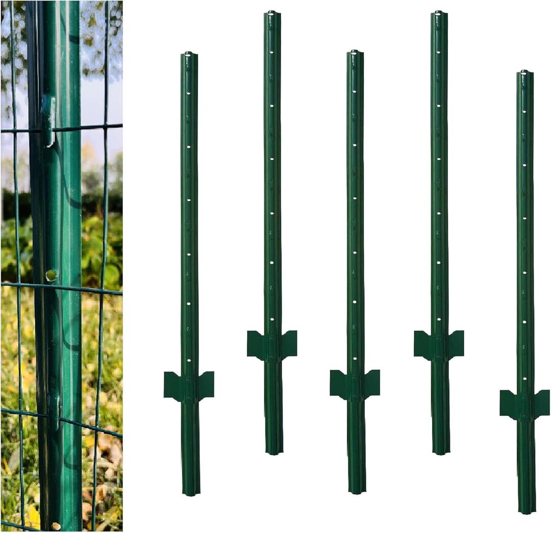 Metal Fence Post Green 4 Feet, Pack of 5, for 36 Inch High Garden Welded Wire Fence U-Channel Steel Garden Post