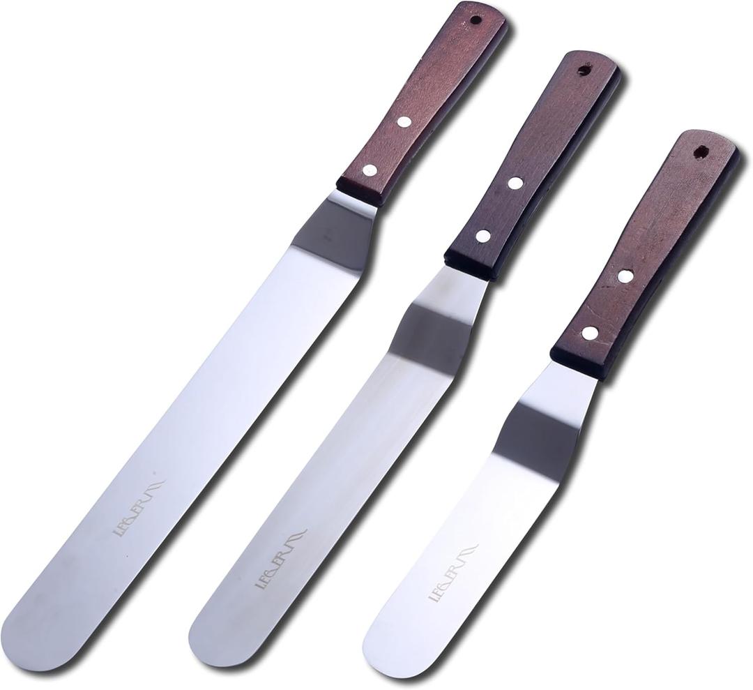Cake Decorating Angled Icing Spatula, Set of 6, 8 & 10 Inch Wooden Handle, Stainless Steel Offset Frosting Spatulas