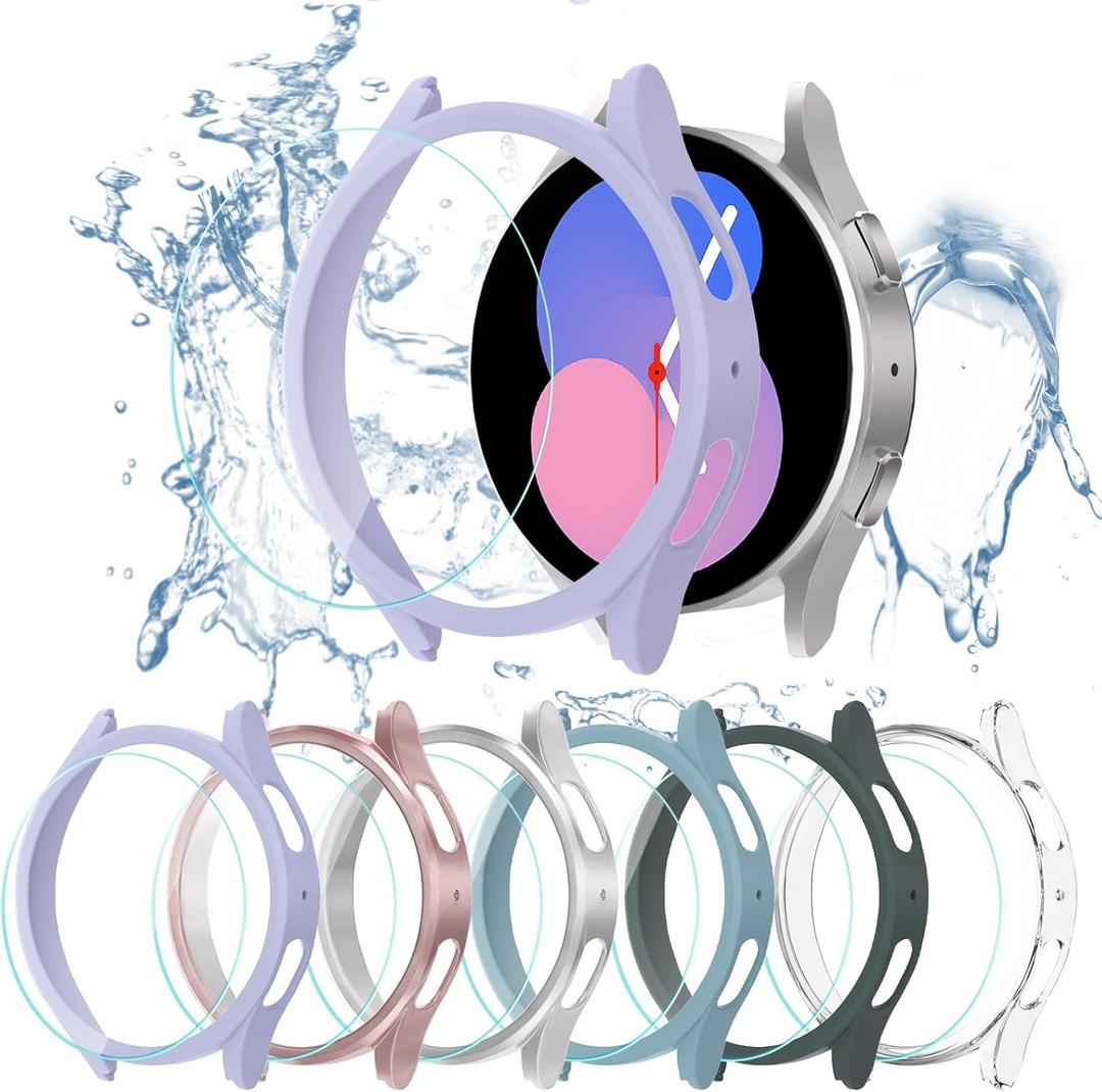 Haojavo [6+8] Pack for Samsung Galaxy Watch FE/Galaxy Watch 5/Galaxy Watch 4 40mm Screen Protector Case, Hard PC Protective Bumper Shell + Anti-Fog Tempered Glass Film, Waterproof Face Cover Set (lavender/lavendergray/d-gray/rosegold/clear/silver)