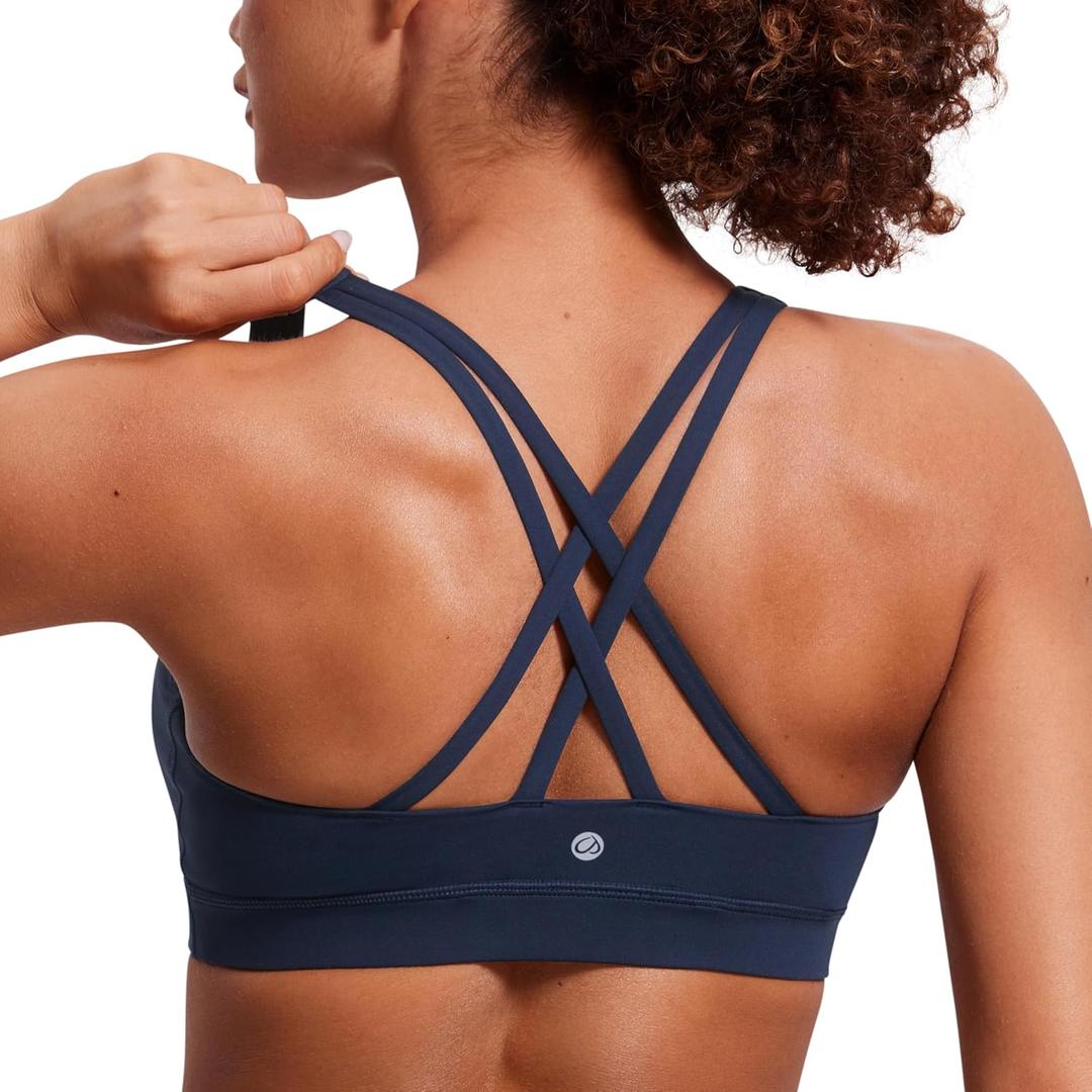 CRZ YOGA Naked Feeling Strappy Padded Sports Bras for Women - Fitness Workout Top Criss Cross Back Yoga Cami (Medium, Navy)