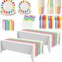 154 Pcs Rainbow Birthday Party Decorations 2 Rainbow Striped Tablecloth Disposable Dinnerware Set Colorful Plates Paper Cups Napkins Cutlery for Happy Birthday Wedding Party Supplies