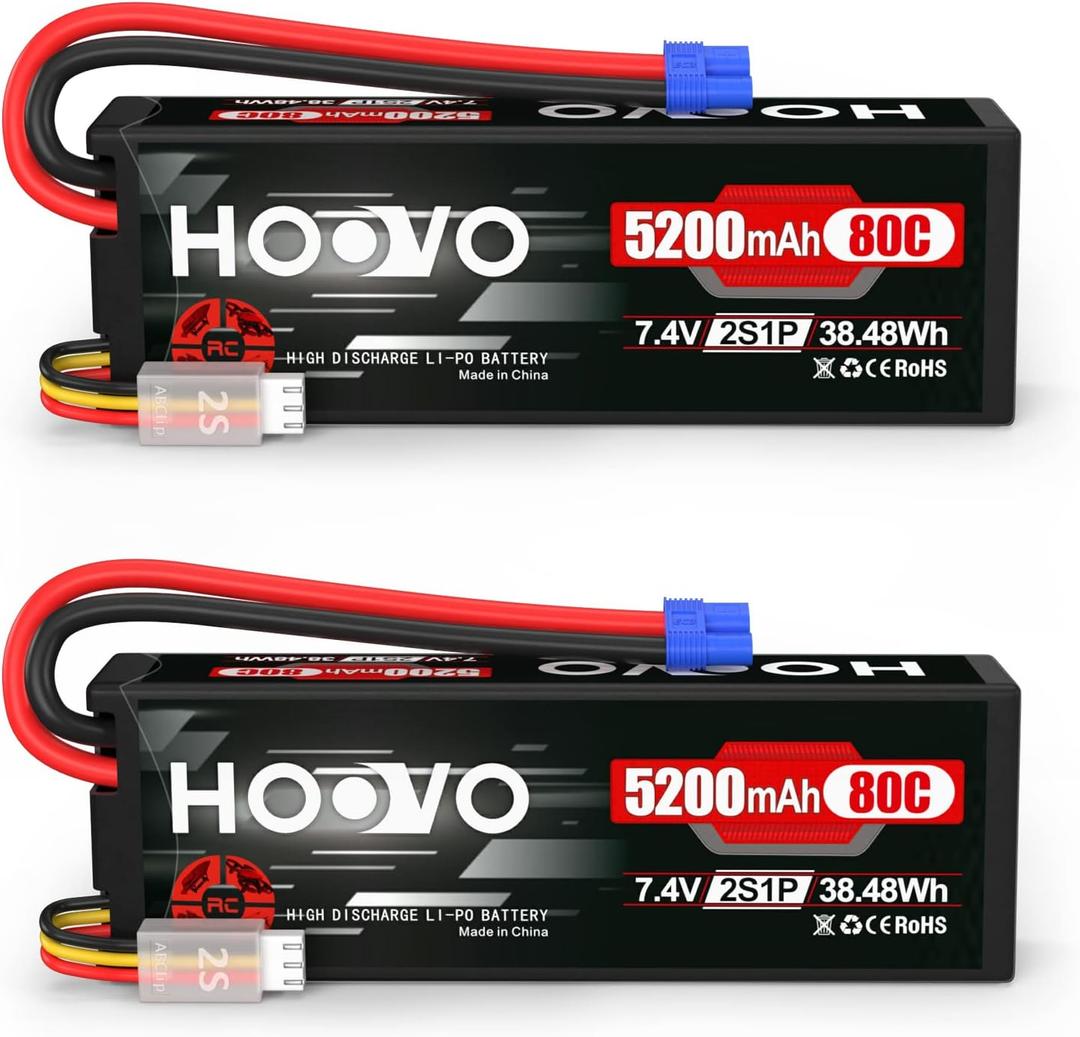 HOOVO 7.4V 5200mAh 80C 2S Lipo Battery Hard Case with EC3 Plug for Popular RC Car RC Helicopter Quadcopter UAV Drone FPV Tracxas Slash Buggy Team Associated(2 Packs)