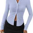 PRETTYGARDEN Womens Button Down Shirts V Neck Collared Ruched Slim Fit Long Sleeve Shirt Casual Spring Fashion Ladies Tops (Small, Light Blue)