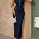 PRETTYGARDEN Women's 2025 Summer Bodycon Maxi Dresses Sleeveless Buttons Knit Spring Elegant Wedding Guest Cocktail Dress (Navy,Large) (L)