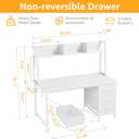 DLisiting White Computer Desk with Hutch & Drawers - 47 Inch Modern Study Writing Office Desk with 3 Storage Drawers and Power Outlets for Bedroom Home Office, 47.2"