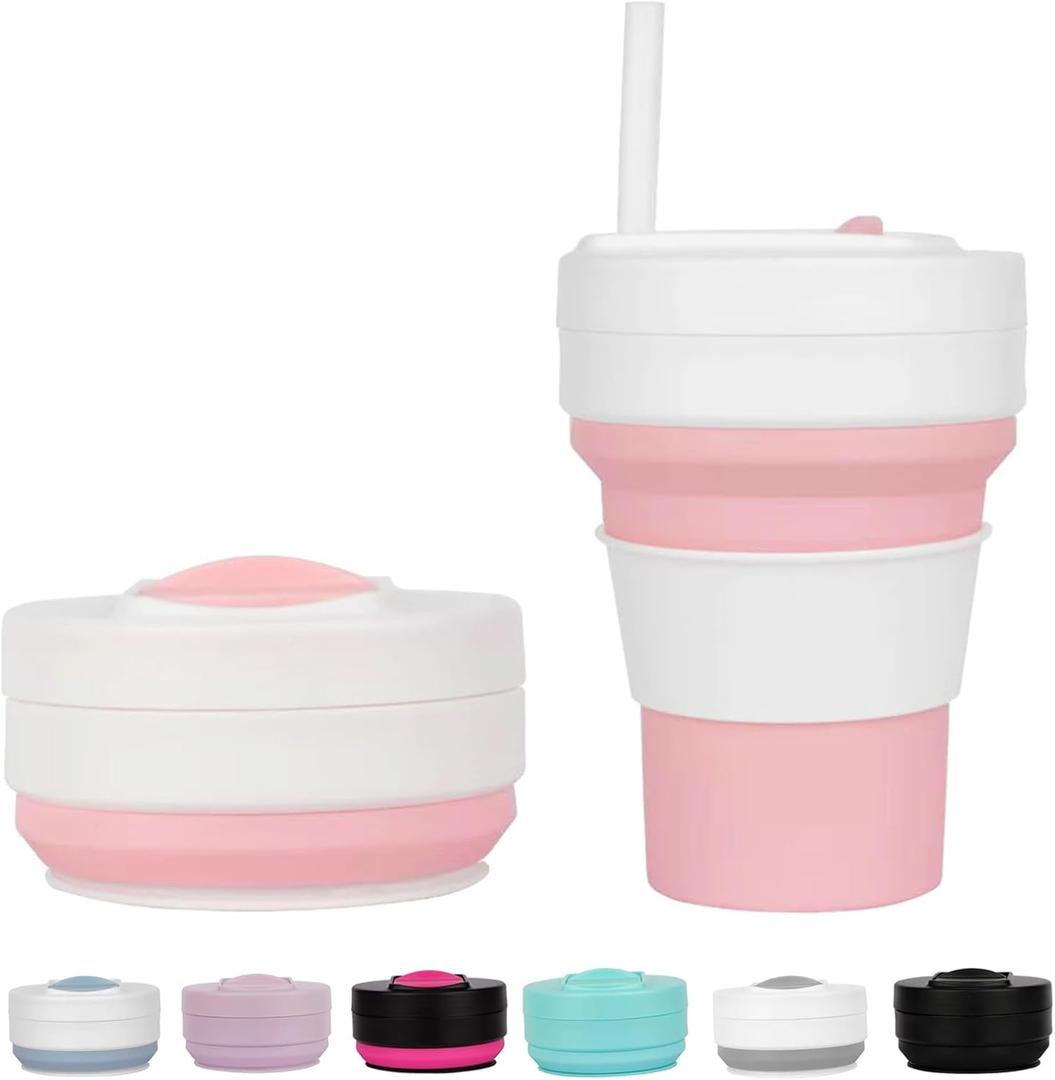 12 OZ Collapsible Travel Cup with Lid, Silicone Foldable Drinking Cup for Camping Hiking,Portable Silicone Water Bottle for Hot and Cold Beverages with Straw- Pink & White