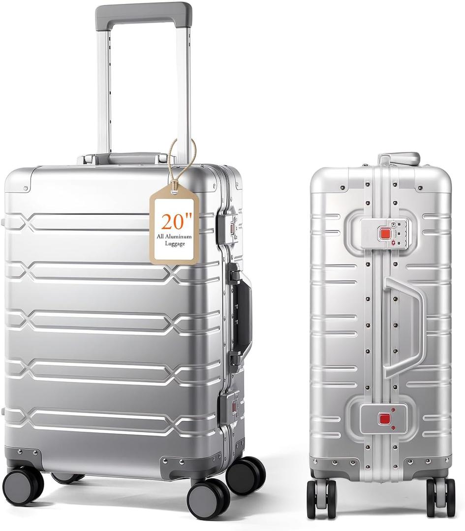 UrbanExplorer All Aluminum Carry On Luggage Hard Shell Suitcases with Spinner Wheels Zipperless Luggage 20 inch Small Carry On Suitcase for Short Trips, Sliver (Silver)
