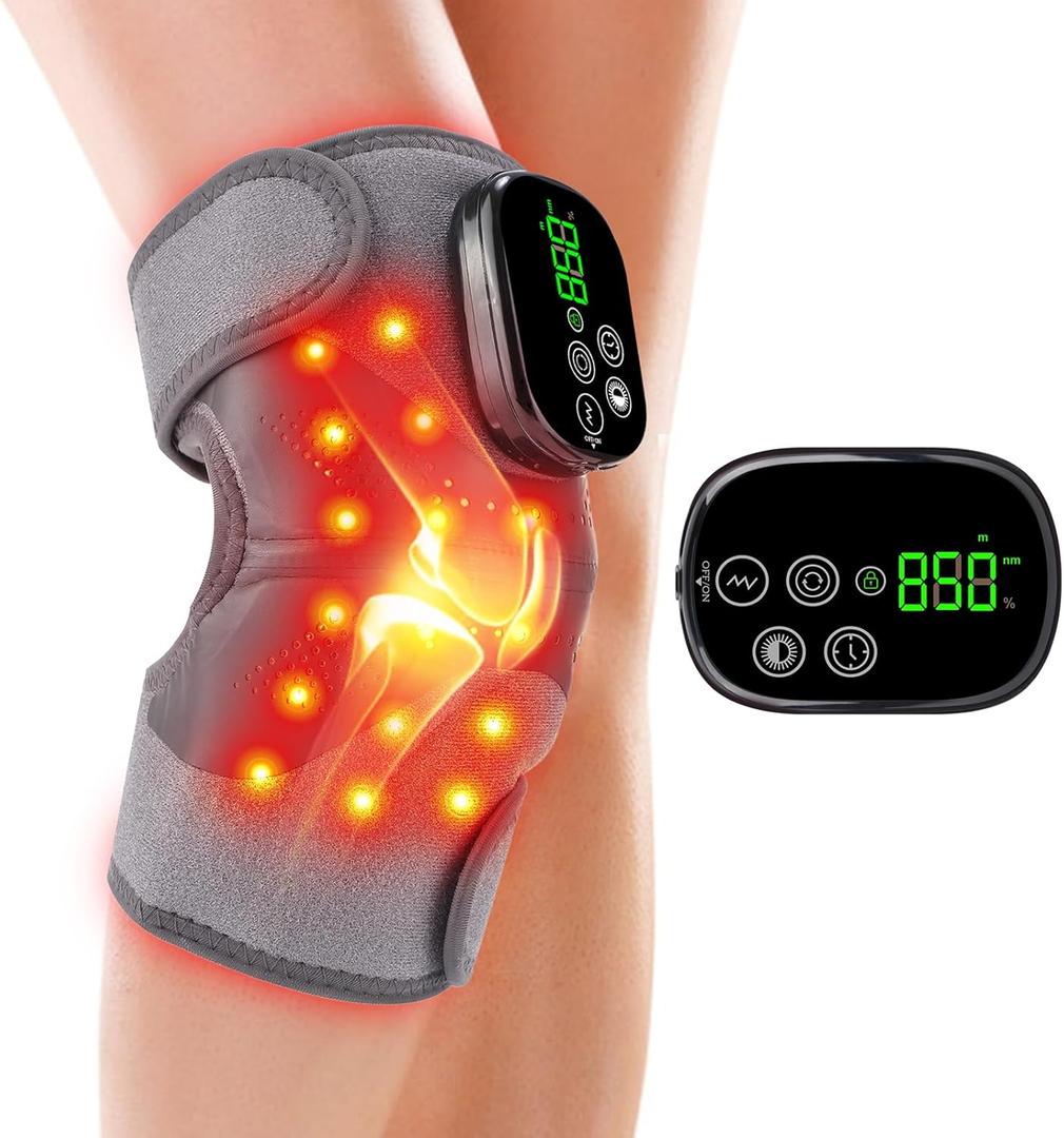 Knee Massager with Heat and Red Light Therapy and Vibration, 660nm & 850nm Infrared Red Light Therapy for Pain Relief, 5000mAh Protable Rechargeable Heated Brace for Knee, Joint, Elbow, Shoulder (Grey)