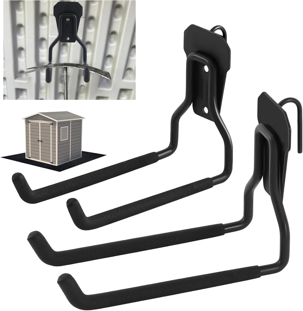 MorningRo 2 Pack Shed Accessories Multi Purpose Shed Hooks Metal Power Tool Holder for Large or Small Tools or Shovels, Black (Straight)