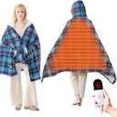 Electric Blanket Wearable Heated Shawl with Hood & Pockets  6 Heat Settings, 4H Auto-Off, Flannel & Sherpa Reversible, Cozy Plaid Heated Throw Blanket for Home, Couch, or Gift, 40"x70", Blue