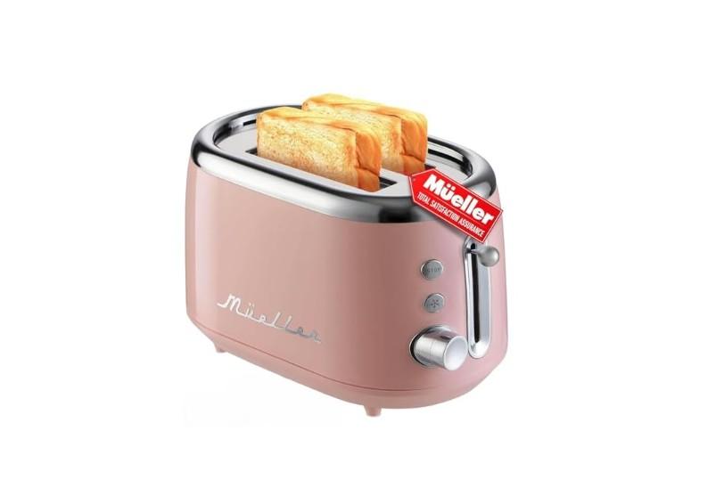Mueller Retro Toaster 2 Slice with 7 Browning Levels and 3 Functions: Reheat, Defrost & Cancel, Stainless Steel Features, Removable Crumb Tray, Under Base Cord Storage, Pink