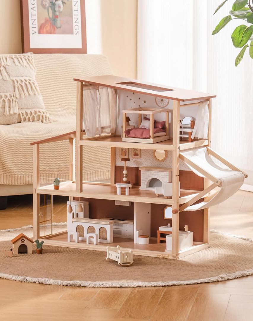 ROBUD Doll House - Wooden Bohemian Dollhouse with Realistic Design, Includes 37 Pieces of Furniture & Accessories for Kids Ages 3+