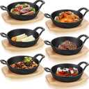 Nuogo 6 Sets Mini Cast Iron Skillet Mini Cast Iron Plates Skillet with Wooden Base Small Round Fajita Plate iron Pan Pot for Cooking Party(4.9 Inches)