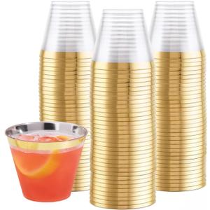 Prestee 100-Pack 9oz Gold Rimmed Plastic Cups Disposable Wine Glasses for Charcuterie, Weddings, Parties, and Events - Elegant Cocktail and Drinking Cups for Champagne, Martini, and Mocktails