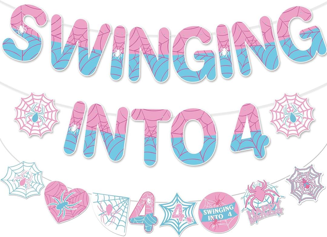 Spider 4th Birthday Decorations Banner - Pre-strung Swinging into 4 Garland with Spider Web and Stars, Pink Blue Ready-to-Hang Party Supplies for Kids Girls 4 Year Old Birthday