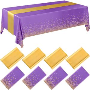 Breling 8 Pack Purple and Gold Disposable Plastic Tablecloths and Satin Table Runner Set, 54 x 108 Inch Tablecloth, 12 x 108 Inch Table Runners for Wedding Graduation Birthday Baby Shower New Year