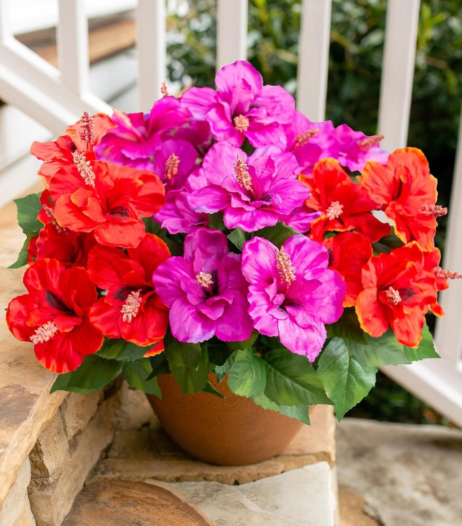 HyeFlora Artificial Flowers for Outdoors Faux Hibiscus Summer Outdoor Decor, 4 Bundles Fake Tropical Plants UV Resistant Realistic Silk Flowers for Outside Planters Porch Patio Garden Yard Window