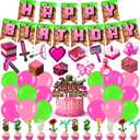 Pink Pixel Birthday Party Decorations.Pink Pixel for Mining Gamer Party Supplies Pixel Banner Swirls Cake Toppers Gaming Parties Set for Mining Video Game Parties Decorations