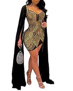 Women’s Mesh See Through Bodycon Party Midi Cloak Long Sleeve Cape Club Night Out Dress(K2203-Gold-2XL)