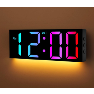 Alampan 12" Large Digital Wall Clock with Remote Control, USB Powered, Corded RGB LED Clock with Full Screen Display, Big Numbers, for Classroom, Living Room, Elderly, Wall Mounted, DST, KSJ01, Black