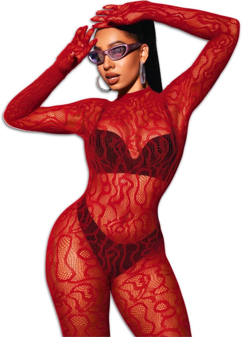 Women Sexy Fishnet Full Bodysuit, Mesh Lace Poster Jumpsuit Glow Party Rave Outfits, Body Stockings Halloween Costume (Red)