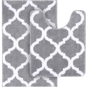 OLANLY Bathroom Rugs Set 2 Piece, Microfiber Bath Shower Mat and U-Shaped Toilet Rug, Machine Wash Dry, Non-Slip Absorbent Shaggy Bath Mats for Tub, Shower and Bathroom (30"x20"+24"x20", Grey)