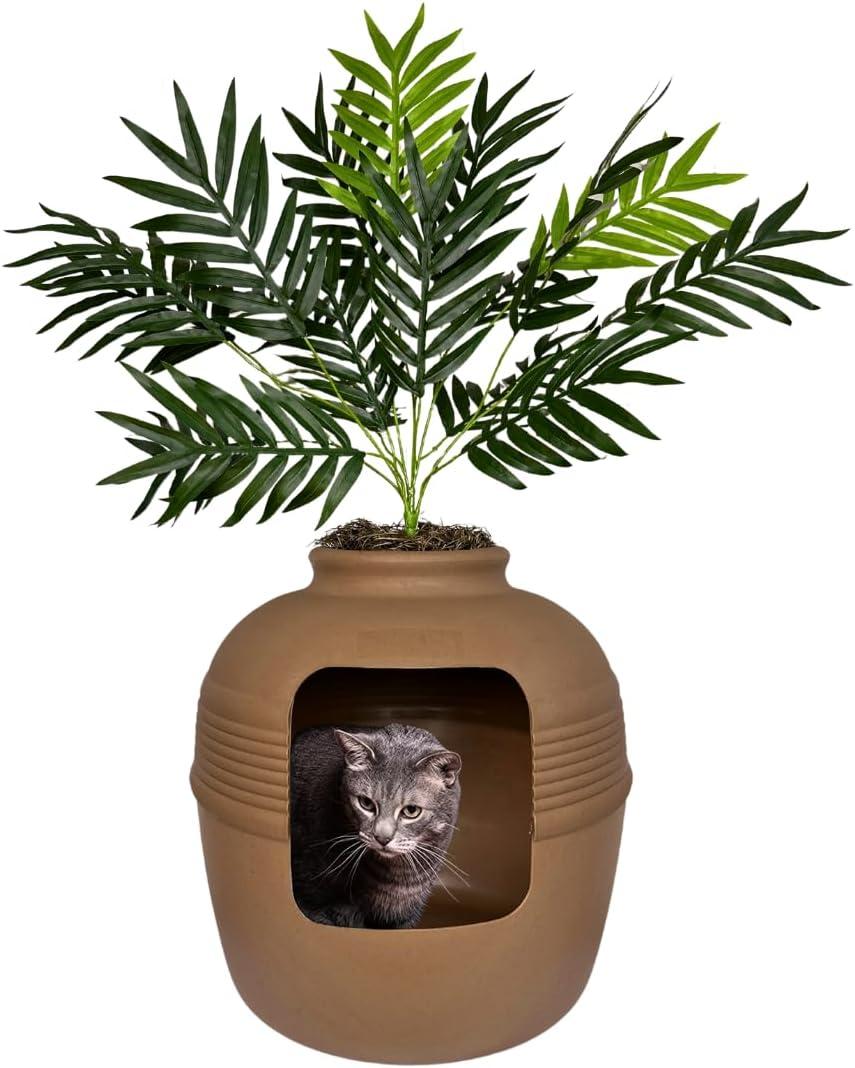Good Pet Stuff Hidden Cat Litter Box Enclosure with Artificial Plant, Decorative Round Planter, Vented Carbon Charcoal Filter for Odor Control, Easy-to-Clean, Made in USA, Base Kit, Brown (Mocha Brown)