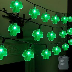 LJLNION St. Patricks Day String Lights Outdoor, 50 LED 16 FT Shamrocks Decorative Green Leaf Lights Battery Operated, 8 Lighting Modes & Timer, Waterproof for Home Garden Party Decoration