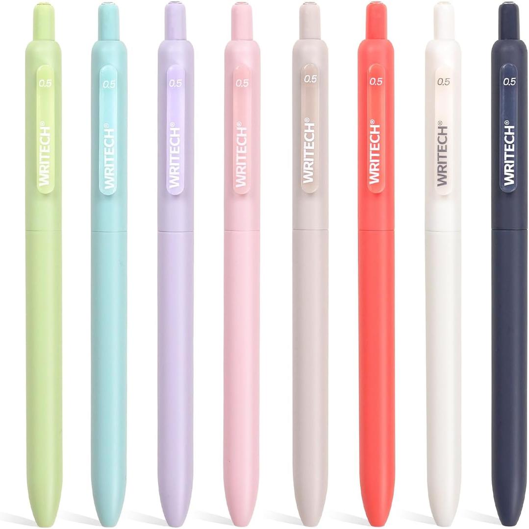 WRITECH Gel Pens Fine Point: Retractable 0.5mm Multicolor Ink 8ct Silent Click No Smear Smudge Extra Smooth Writing Bullet Tip Colored Pen Non Bleed for Journaling Note Taking Drawing