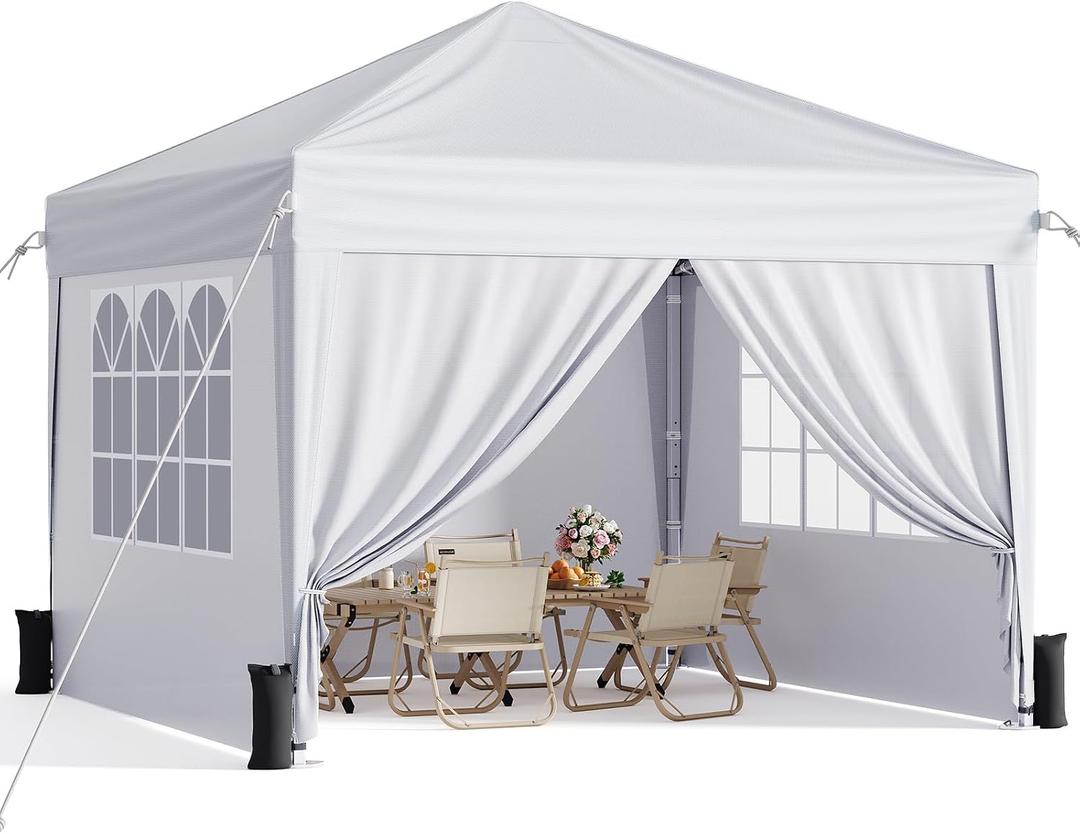 10x10 Pop Up Canopy with Sidewalls, Instant Portable Canopy Tent with Carry Bag for Commercial Events, Camping, Parties - White