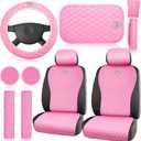 Tallew 14 Pcs Pink Car Accessories Set Leather Diamond Seat Cover Steering Wheel Cover with Center Console Pad Cup Holders Gear Protection for Women Car Interior Decor(Front Set)