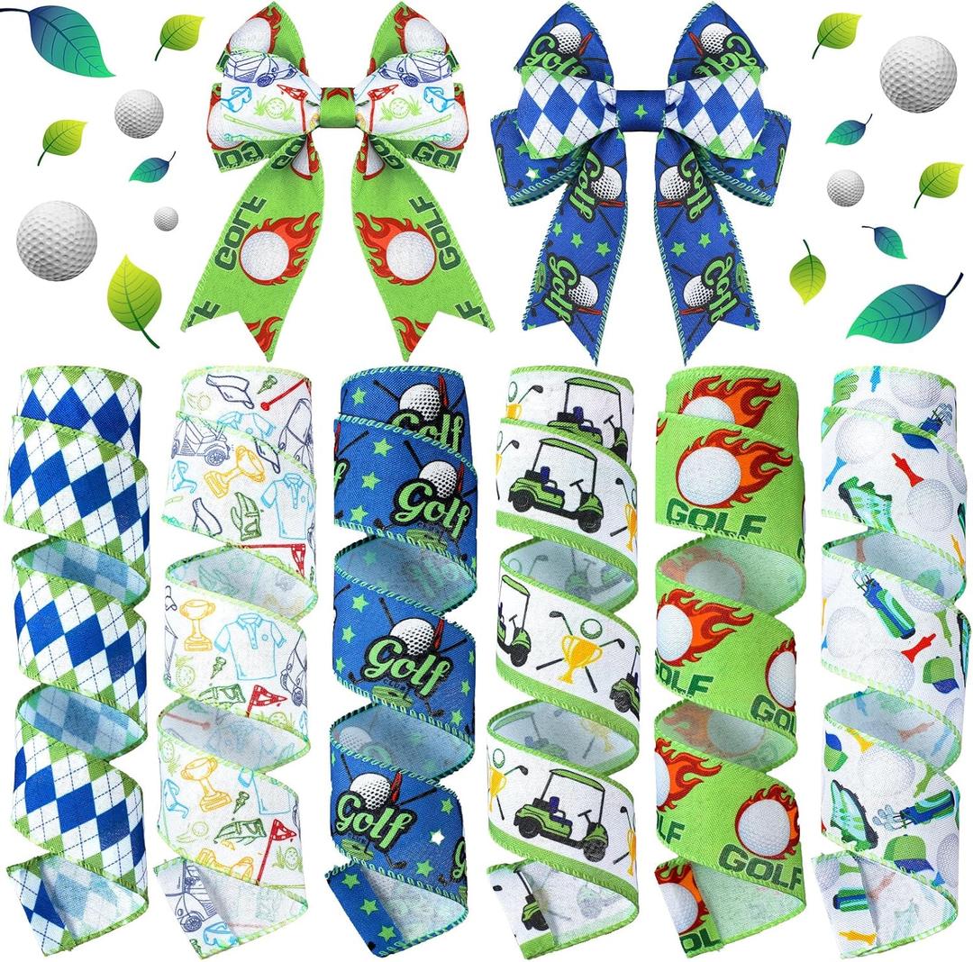 Juexica 6 Rolls Golf Wired Edge Ribbon 2 Inch x 30 Yards Blue Green DIY Crafts Fabric Golf Ribbons for Gift Wrapping Bows Party Wreath Floral Decoration Sewing Supplies