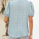 CiCiBird Women Button Down Print Shirt Summer Casual V Neck Tops Trendy Dressy Short Puff Sleeve Blouse (Blue, L)