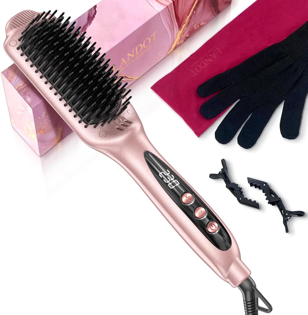 LANDOT Ionic Hair Straightener Brush Ceramic Straightening Brush with 12 Heat Settings (250-450F) for Smooth & Shiny Results, Ideal for Medium & Long Women Hair, Dual Voltage, Rose Gold
