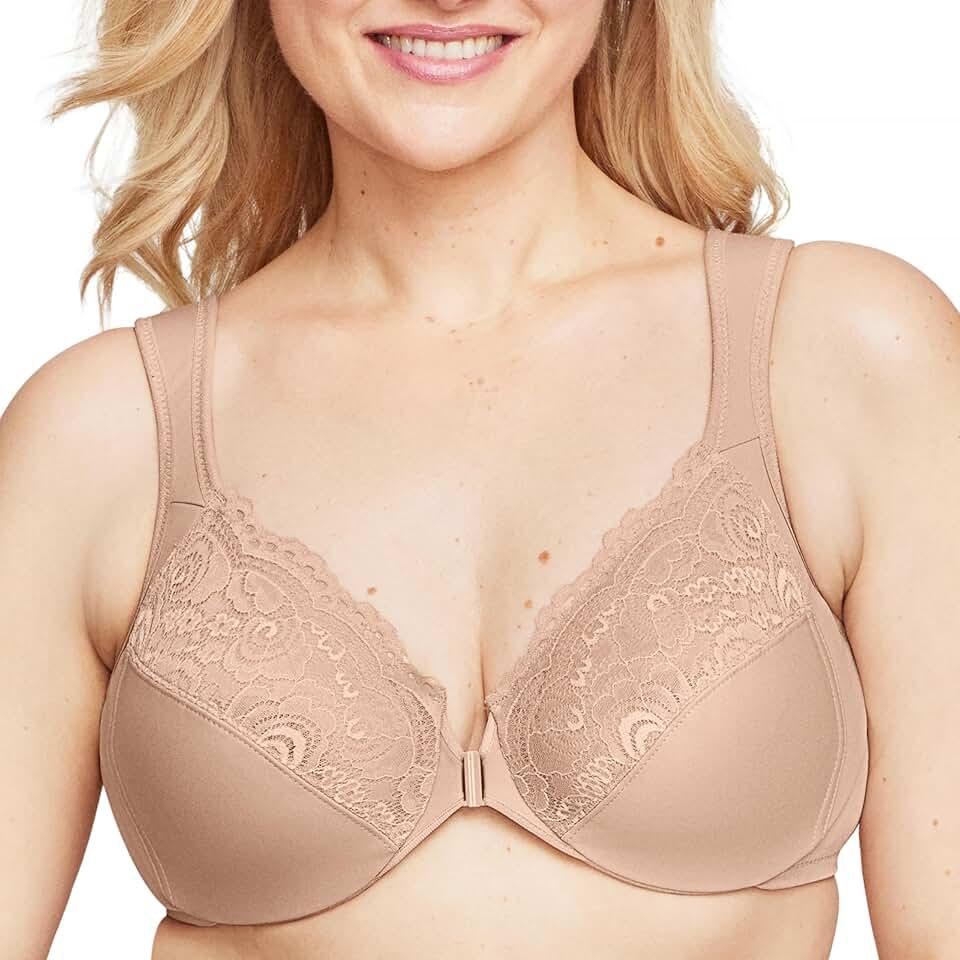 Posture Back Front-Closure Plus Size Wonderwire Lace Bra Underwire #1255, 34DD