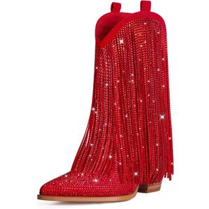 Ouepiano Cowboy Boots for Women - Cowgirl Rhinestone Boots with Sparkly Fringe Pointed Toe Western Boot Chunky Heel Pull-On Wide Calf Botas Vaqueras (9, Red)