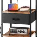 SUPERJARE Night Stand with Charger Station, 27.7 Inch Tall Nightstand with Adjustable Fabric Drawer, Bed Side Table, Fabric Drawer Dresser for Bedroom, Living Room, Rustic Brown and Black