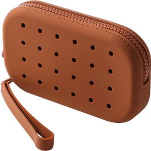 JOVAKIT Small Portable Silicone Makeup Bag for Women with Decorative Holes, Travel Waterproof Toiletry Cosmetic Bag Gifts for Women, Zipper Closure Makeup Case with Handle (Brown)