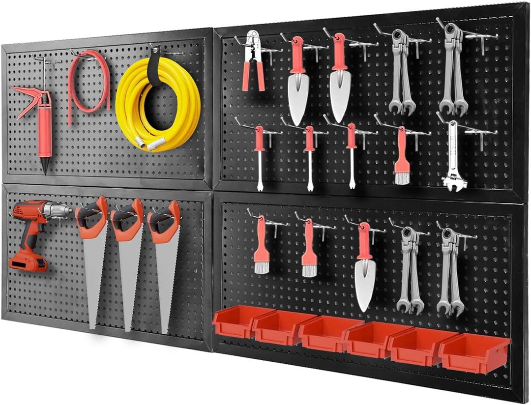 Jack Boss 48x24 Inch Metal Pegboard Wall Organizer, Black Pegboard Panels Tool Organizer Kit with Accessories Hooks and Bins, Peg Board Utility Tool Storage for Garage Workbench Shed
