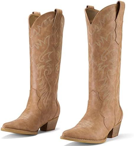 Rollda Cowboy Boots for Women Cowgirl Boots Embroidered Knee-High Western Boots Pointy Toe with Chunky Heel 9