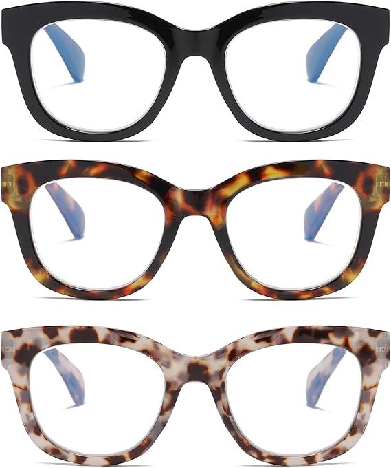 3 Pack Oversized Blue Light Blocking Reading Glasses for Women, Retro Style Readers with Spring Hinge +2.50