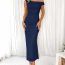 BTFBM Women 2025 Summer One Shoulder Bodycon Ruched Maxi Dress Slit Mesh Long Formal Cocktail Fall Wedding Guest Dresses (Blue, L)