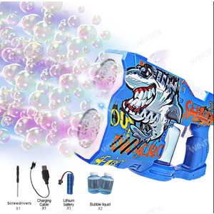 Rechargeable Blue Shark Bubble Guns for Kids, LED Light Up Bubble Machine Blower with 2 Bottles Bubble Refill Solution for Kids, Bubble Makers Blaster for Toddlers, Summer WeddingToys Gift