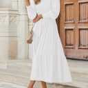 ZESICA Women's Casual Long Sleeve Crew Neck High Waist Smocked Flowy Tiered Midi Dress (White, M)