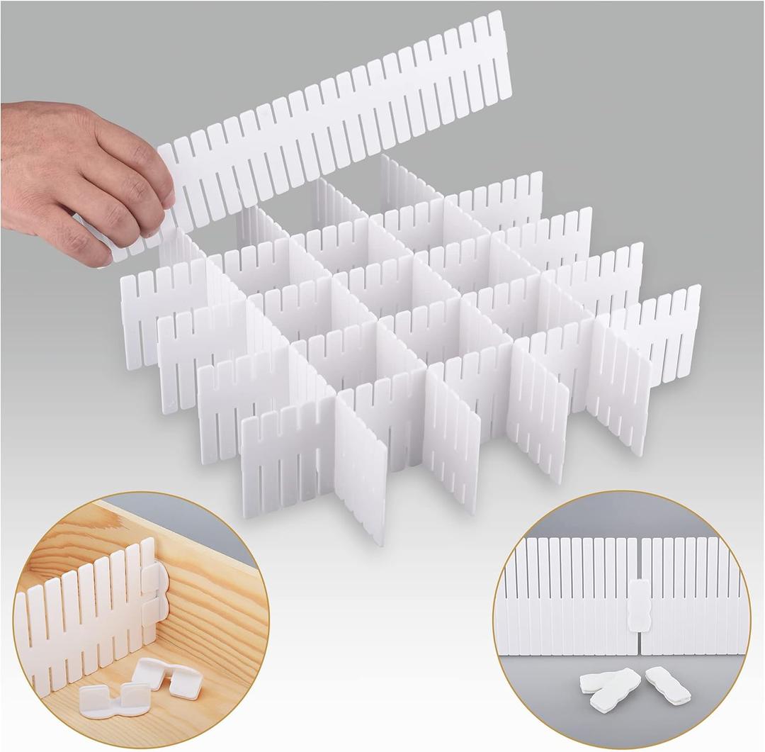 Momoi 42Pcs Drawer Dividers,Adjustable Drawer Organizer with Fixed Buckle,14.9in*4.33in,Drawer Organizer for Socks, Underwear, Makeup, Kitchen, Bedroom, Dresser,White(38 * 11cm 42PCS)