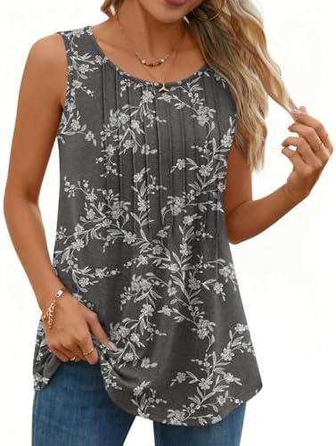 TUTULIME Womens Tank Tops Pleated Crew Neck Sleeveless Shirts Casual Loose Summer Top for Legging X-Large, Black White Flower