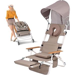 Heavy Duty 5-in-1 Padded Beach Tanning Chair with Face Hole, Wheels, Canopy Shade, Adjustable Backrest & Footrest, Folding Reclining Lay Flat Beach Lounger for Adults Reading Sunbathing Poolside, 2 ft 4.1 in x 2 ft 2.1 in x 1 ft